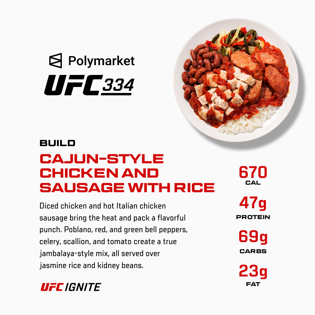 Cajun-style Chicken and Sausage with Rice — 670 calories, 47g protein, 69g carbs, 23g fat; UFC Ignite Melting Pot Box