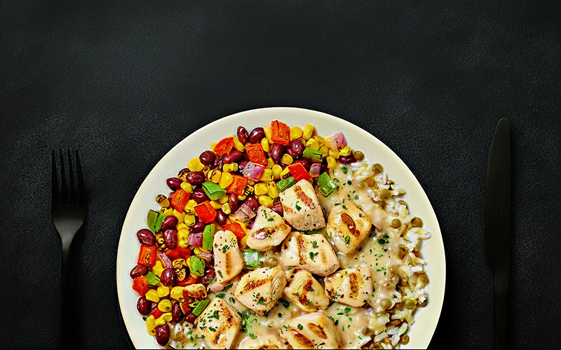 Balanced plate with grilled chicken, vegetables, and whole-food sides — food that supports your goals