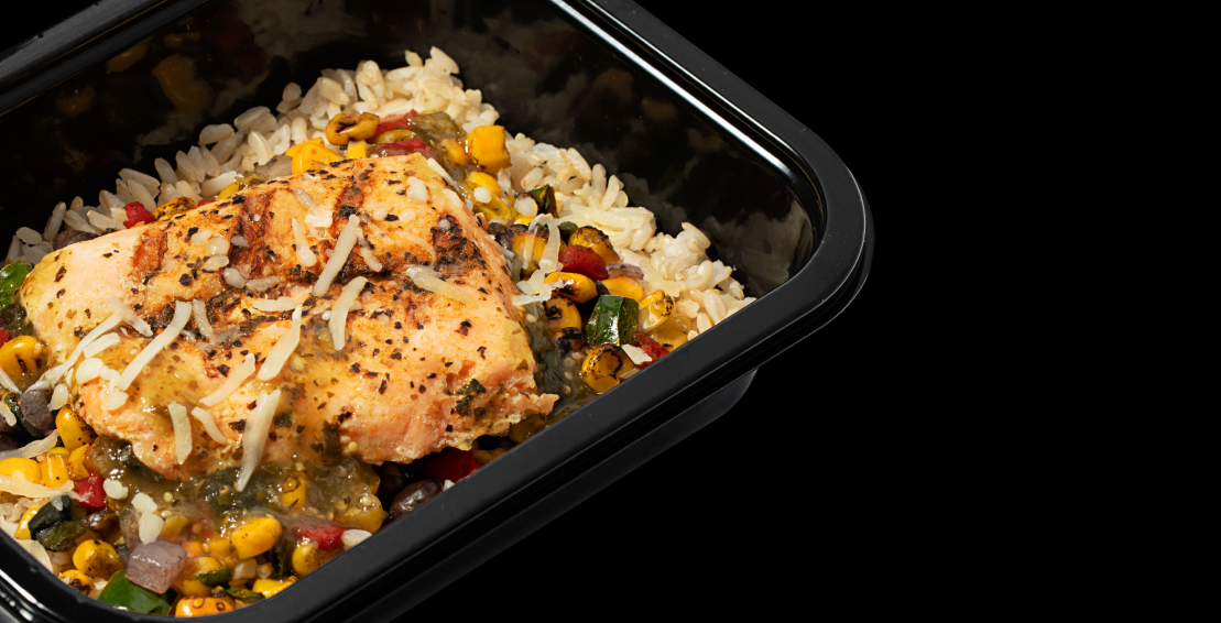 UFC Ignite chicken meal with rice and vegetables