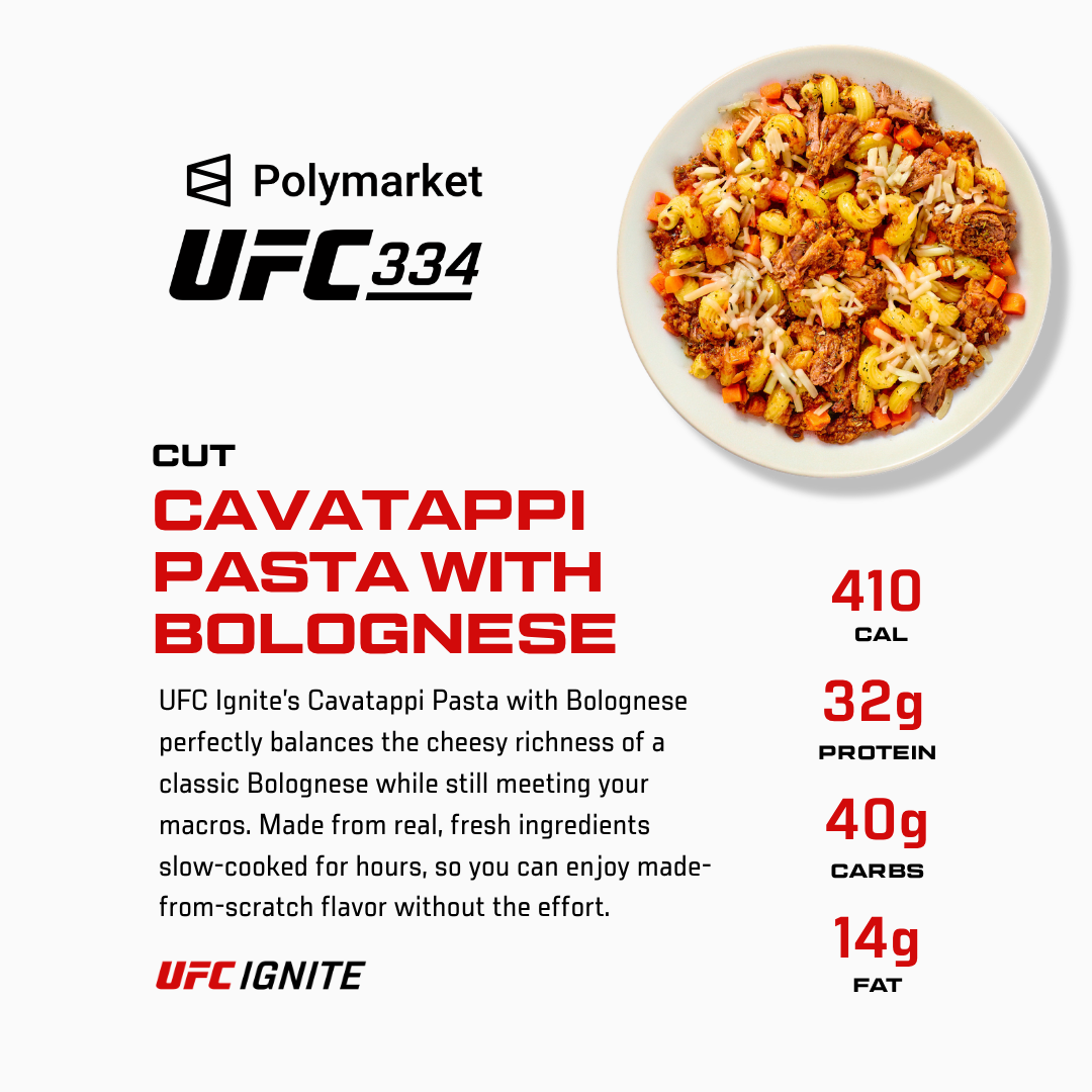 Cavatappi Pasta with Bolognese — 410 calories, 32g protein, 40g carbs, 14g fat; UFC Ignite Melting Pot Box