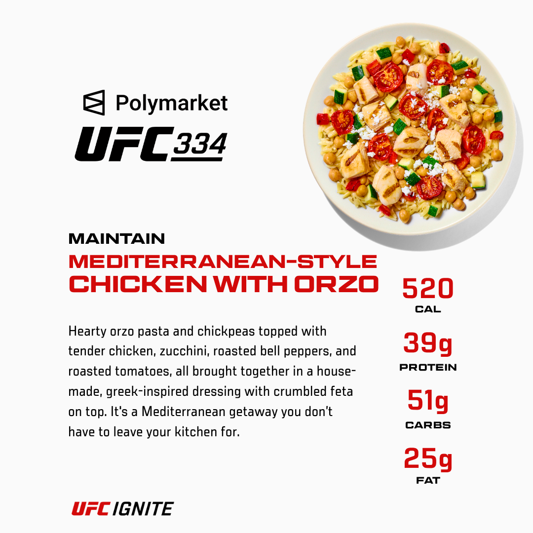 Mediterranean-style Chicken with Orzo — 520 calories, 39g protein, 51g carbs, 25g fat; UFC Ignite Melting Pot Box